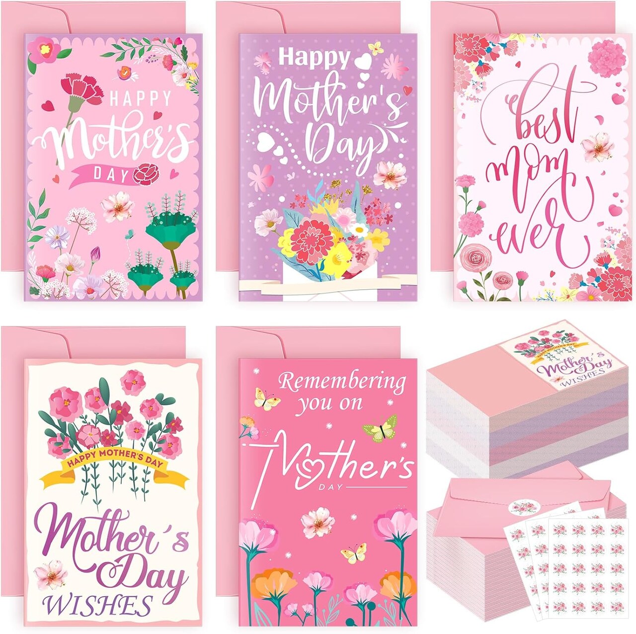 Mother’s Day Card Making Greeting Card Set – 50 Pack Blank Inside Cards with Envelopes & Stickers, 5 Assorted Funny Floral Designs 4×6 Inch Bulk Gift Set